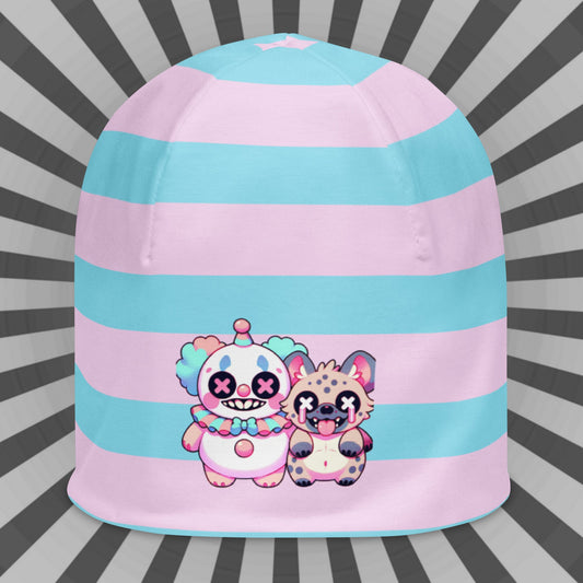 Weirdcore Pastel Goth Grunge Clown & Hyena Pals Striped Beanie, Clowncore Buddies Oddcore Beanie Hat