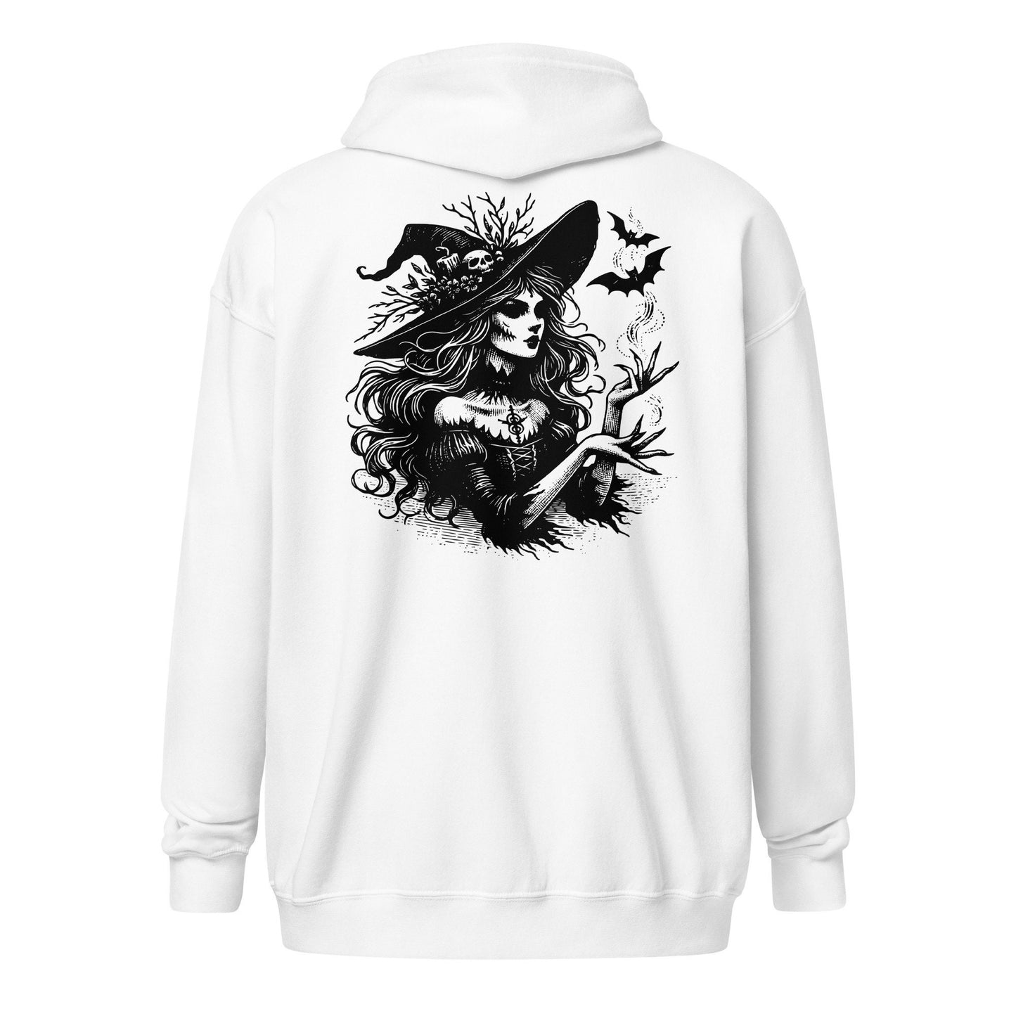 Goth Grunge Witch Playing with Bats Zip Up Hoodie Tribal Witch Front Design Hooded Jacket
