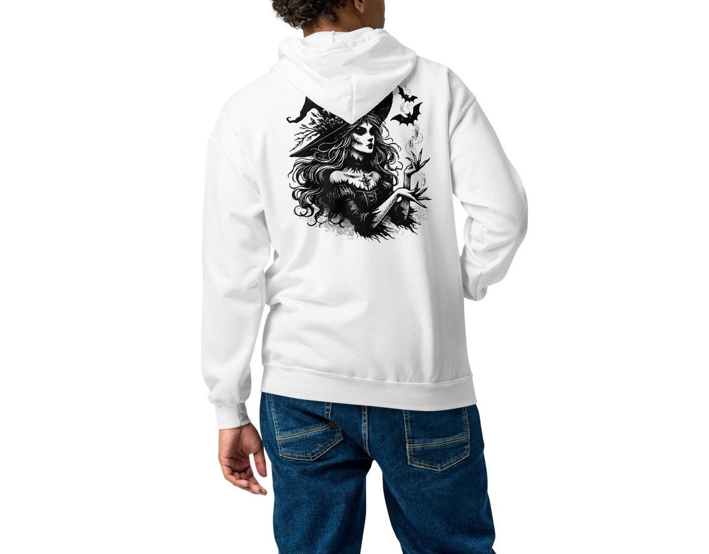 Goth Grunge Witch Playing with Bats Zip Up Hoodie Tribal Witch Front Design Hooded Jacket