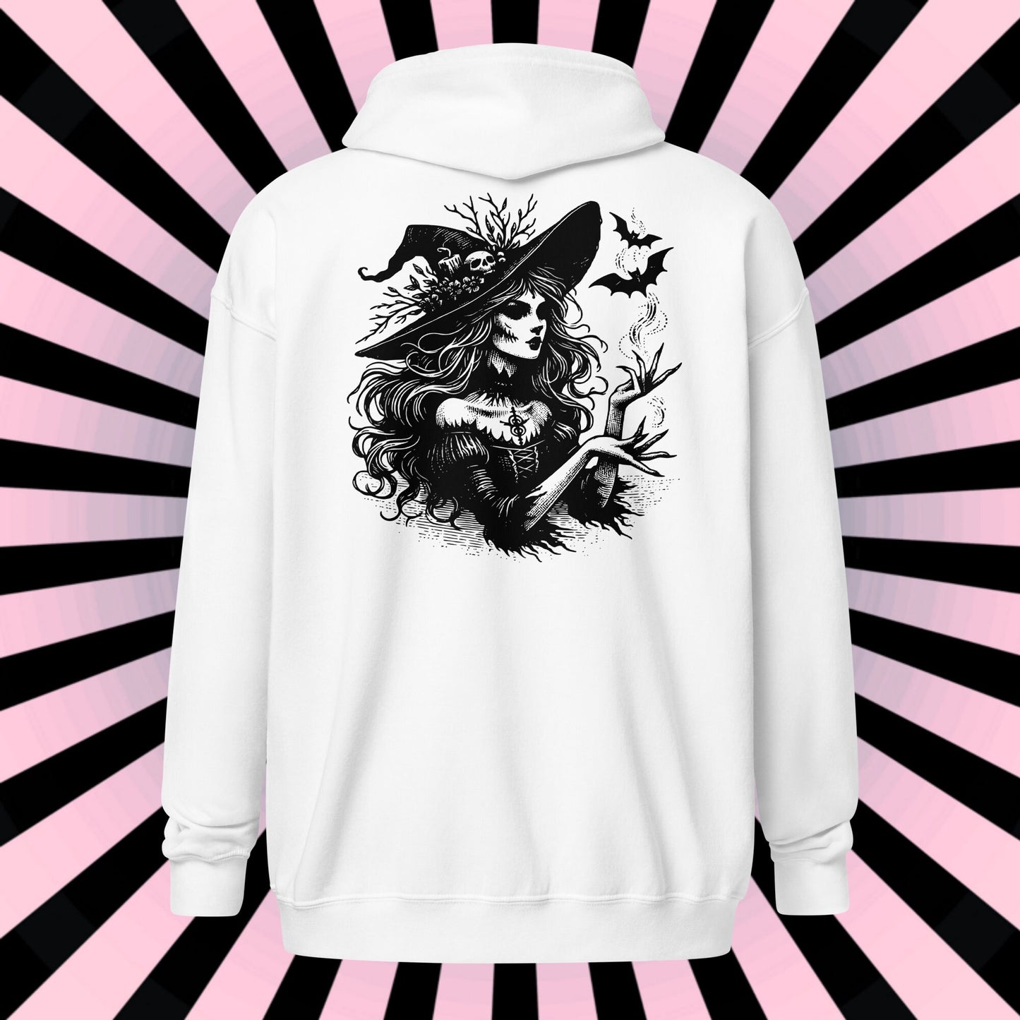 Goth Grunge Witch Playing with Bats Zip Up Hoodie Tribal Witch Front Design Hooded Jacket