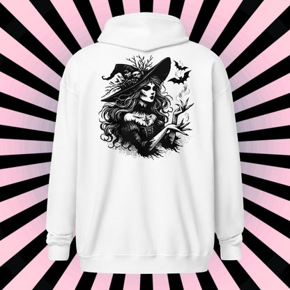 Goth Grunge Witch Playing with Bats Zip Up Hoodie Tribal Witch Front Design Hooded Jacket