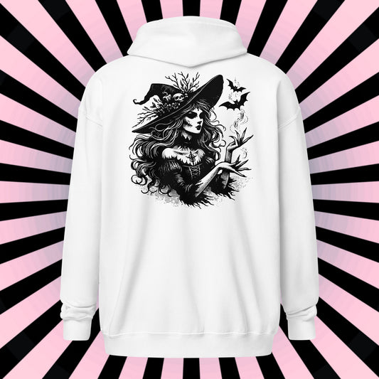 Goth Grunge Witch Playing with Bats Zip Up Hoodie Tribal Witch Front Design Hooded Jacket