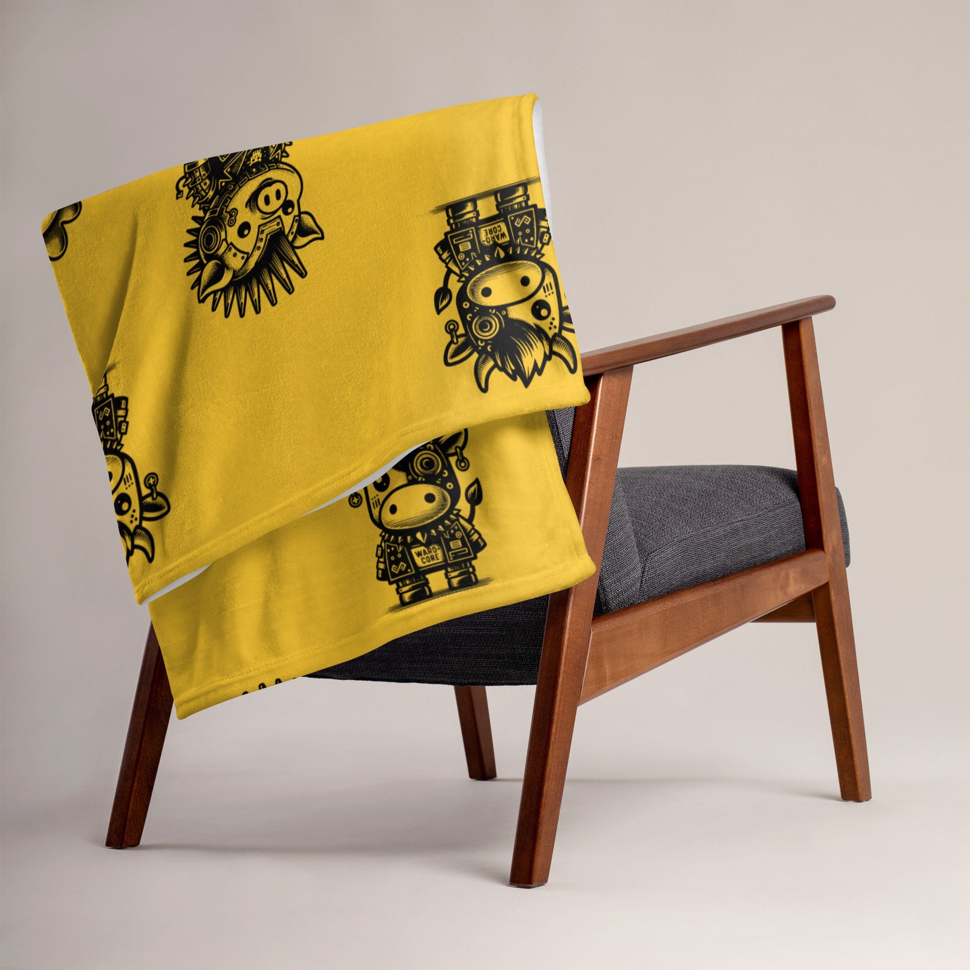YELLOW Gothic Cyborg Farm Animals Throw Blanket Steampunk Cow, Chicken, Pig Throw Blanket Grunge Decor