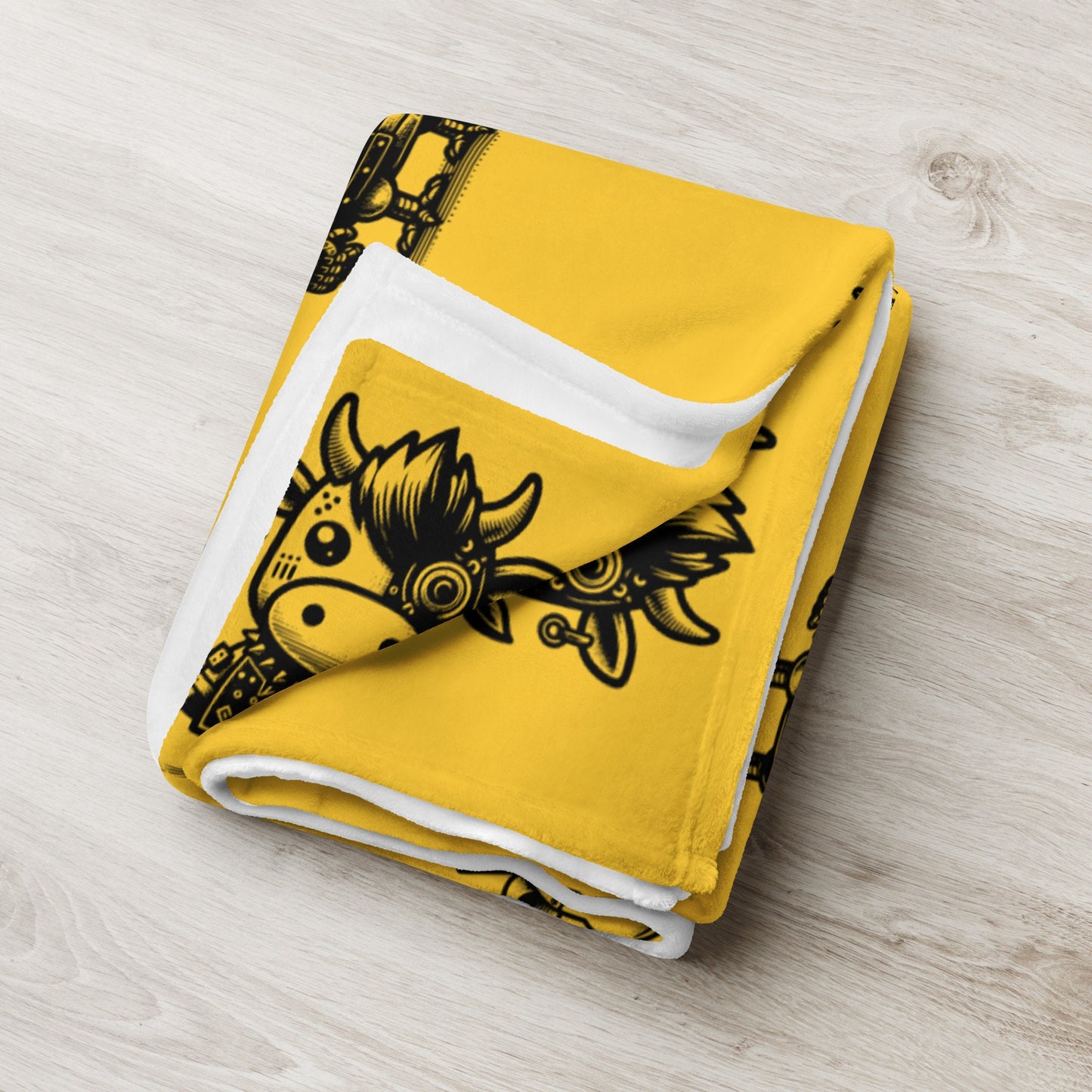 YELLOW Gothic Cyborg Farm Animals Throw Blanket Steampunk Cow, Chicken, Pig Throw Blanket Grunge Decor