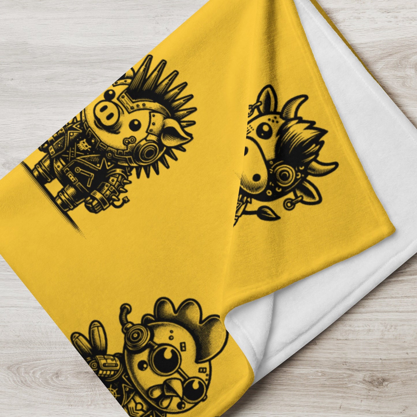 YELLOW Gothic Cyborg Farm Animals Throw Blanket Steampunk Cow, Chicken, Pig Throw Blanket Grunge Decor