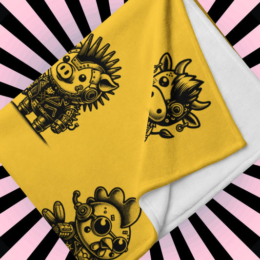 YELLOW Gothic Cyborg Farm Animals Throw Blanket Steampunk Cow, Chicken, Pig Throw Blanket Grunge Decor