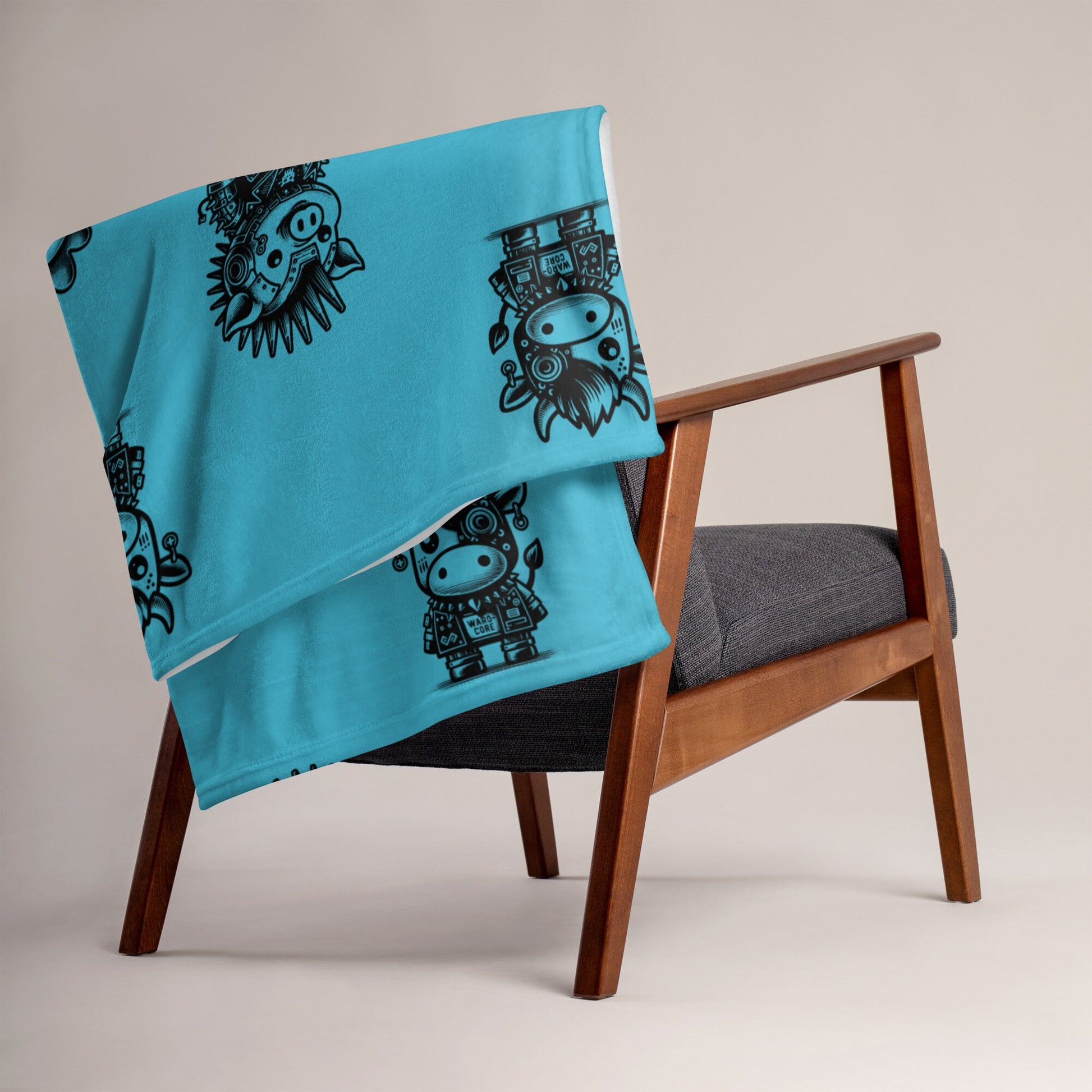 AQUA BLUE Gothic Cyborg Farm Animals Throw Blanket Steampunk Cow, Chicken, Pig Throw Blanket Grunge Decor