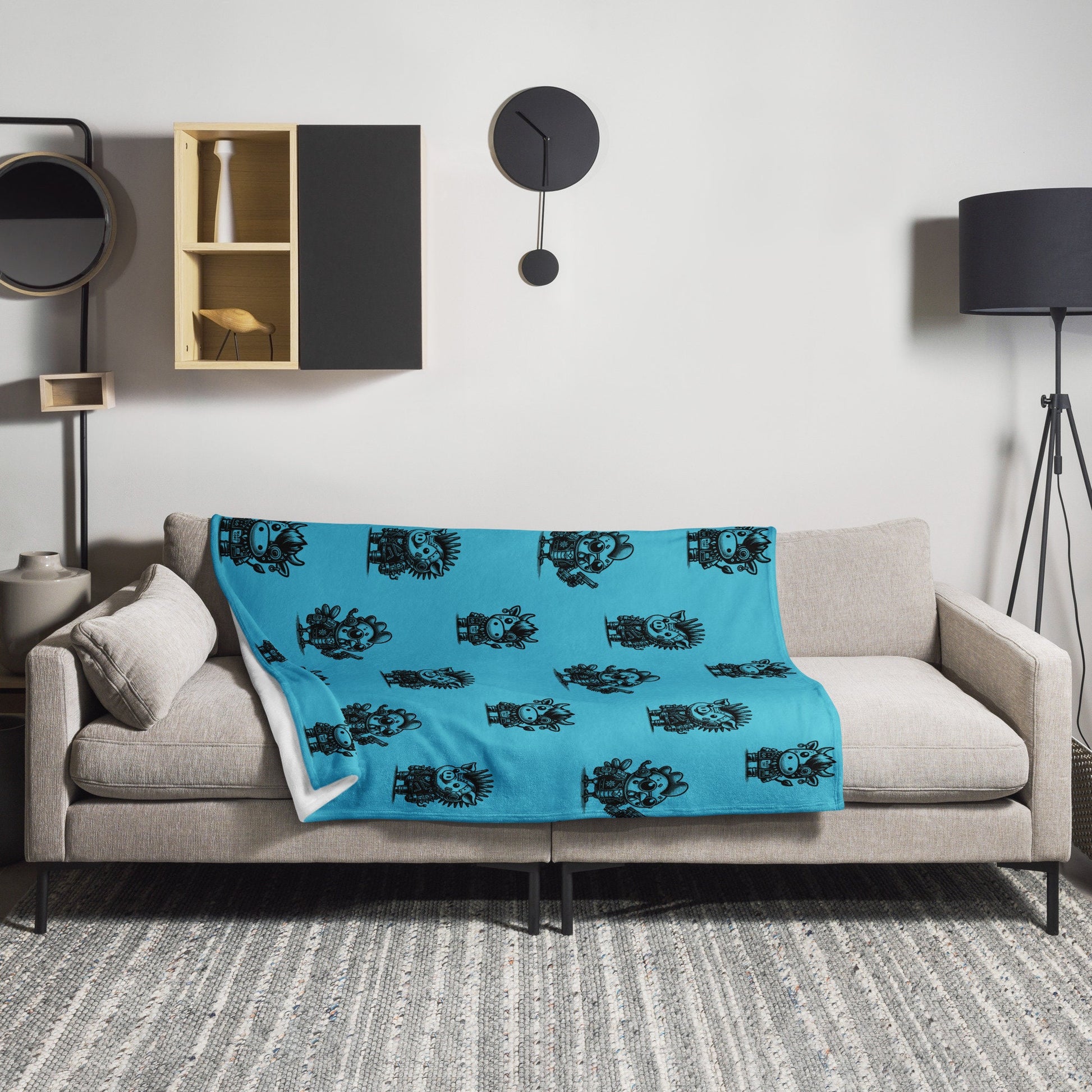 AQUA BLUE Gothic Cyborg Farm Animals Throw Blanket Steampunk Cow, Chicken, Pig Throw Blanket Grunge Decor