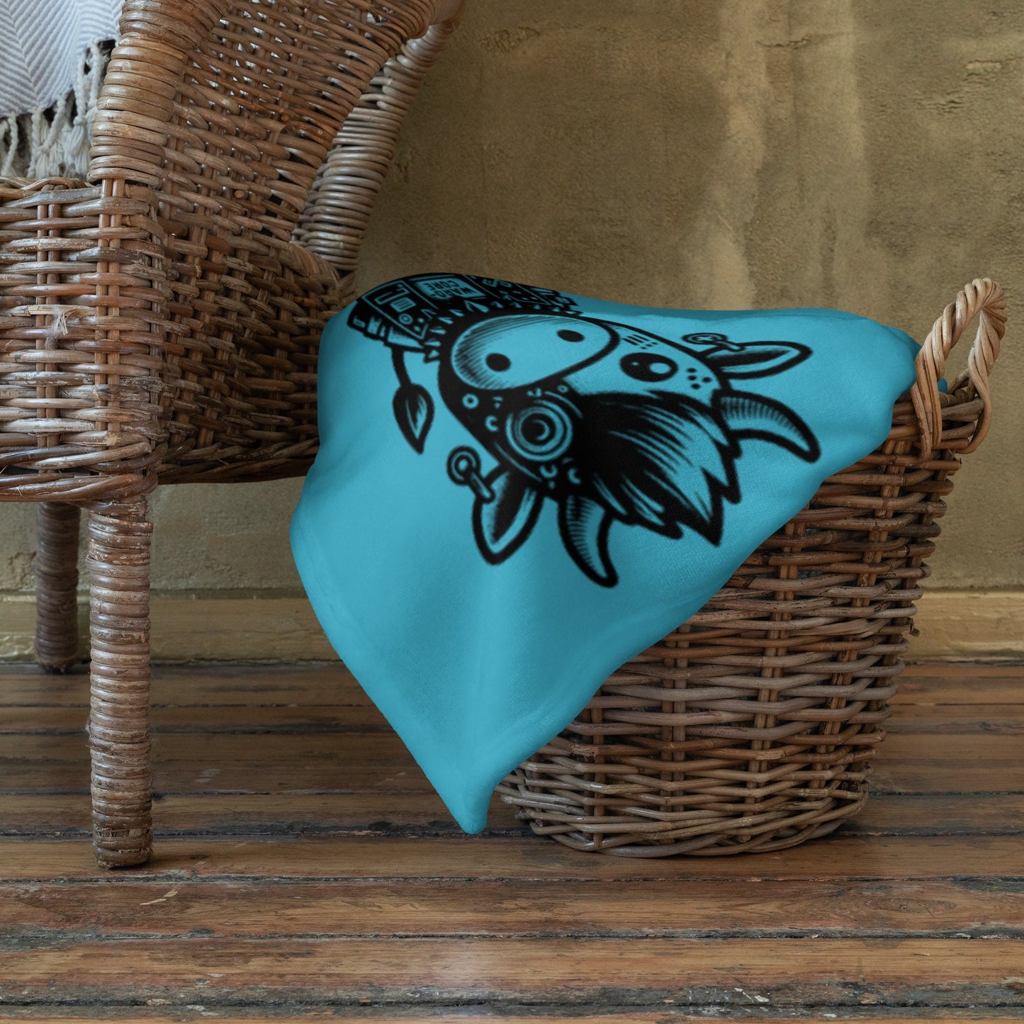AQUA BLUE Gothic Cyborg Farm Animals Throw Blanket Steampunk Cow, Chicken, Pig Throw Blanket Grunge Decor