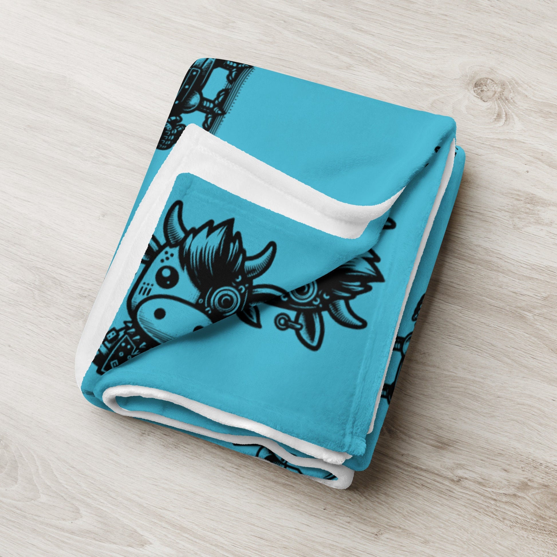 AQUA BLUE Gothic Cyborg Farm Animals Throw Blanket Steampunk Cow, Chicken, Pig Throw Blanket Grunge Decor