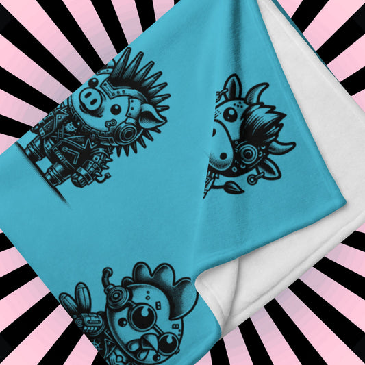 AQUA BLUE Gothic Cyborg Farm Animals Throw Blanket Steampunk Cow, Chicken, Pig Throw Blanket Grunge Decor
