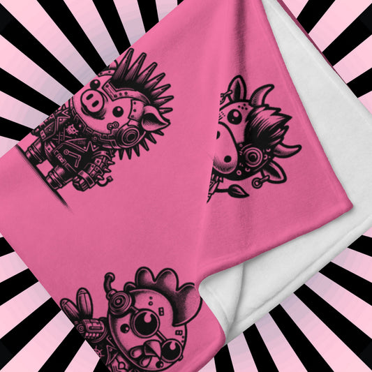 PINK Gothic Cyborg Farm Animals Throw Blanket Steampunk Cow, Chicken, Pig Throw Blanket Grunge Decor