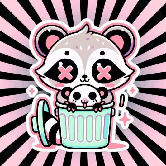 Weirdcore Pastel Goth Grunge Cute Raccoon & Opossum Vinyl Sticker Trash Can Oddcore Waterproof Sticker, Weird Stuff Unique Gift