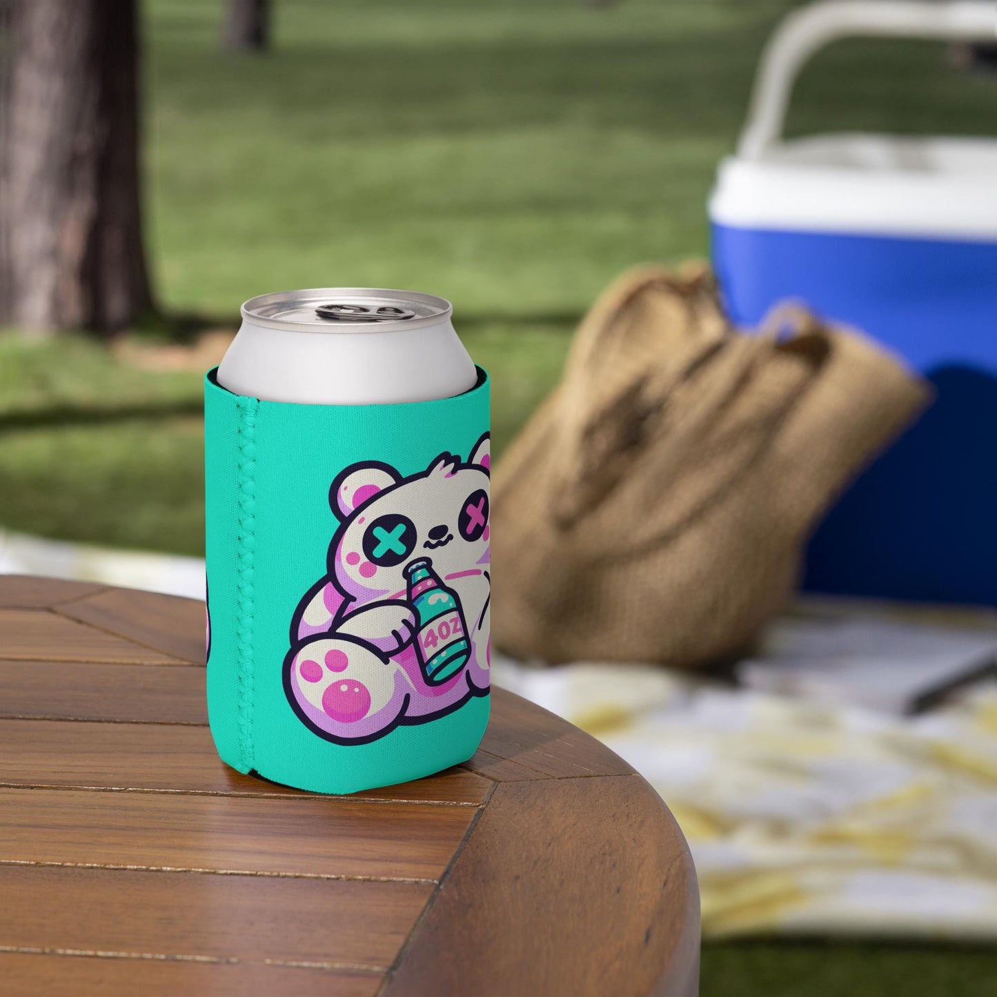 Weirdcore Fuzzy & Faded Bear Neon Goth Can Cooler Cozie Weird Grunge Bear Koozie