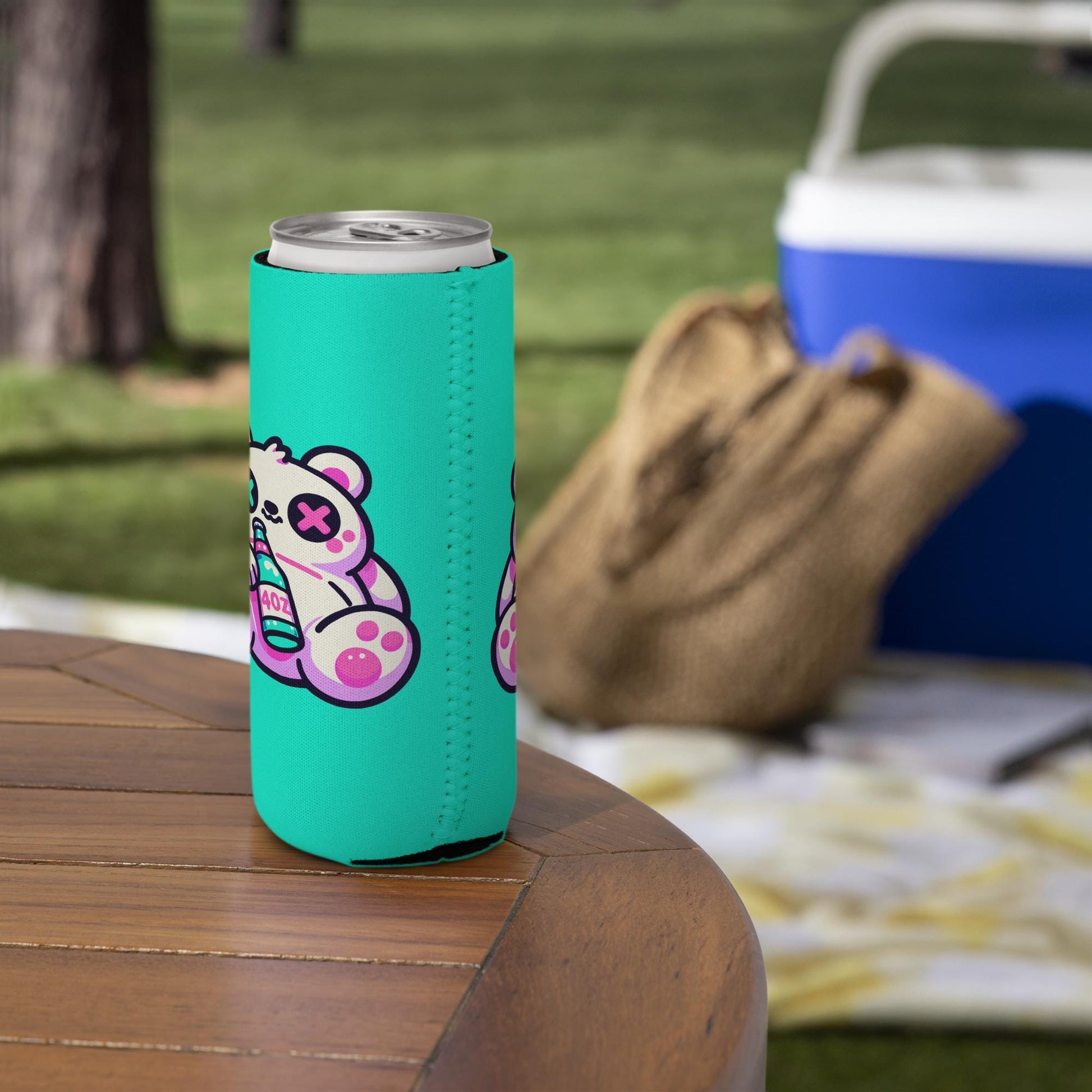 Weirdcore Fuzzy & Faded Bear Neon Goth Can Cooler Cozie Weird Grunge Bear Koozie