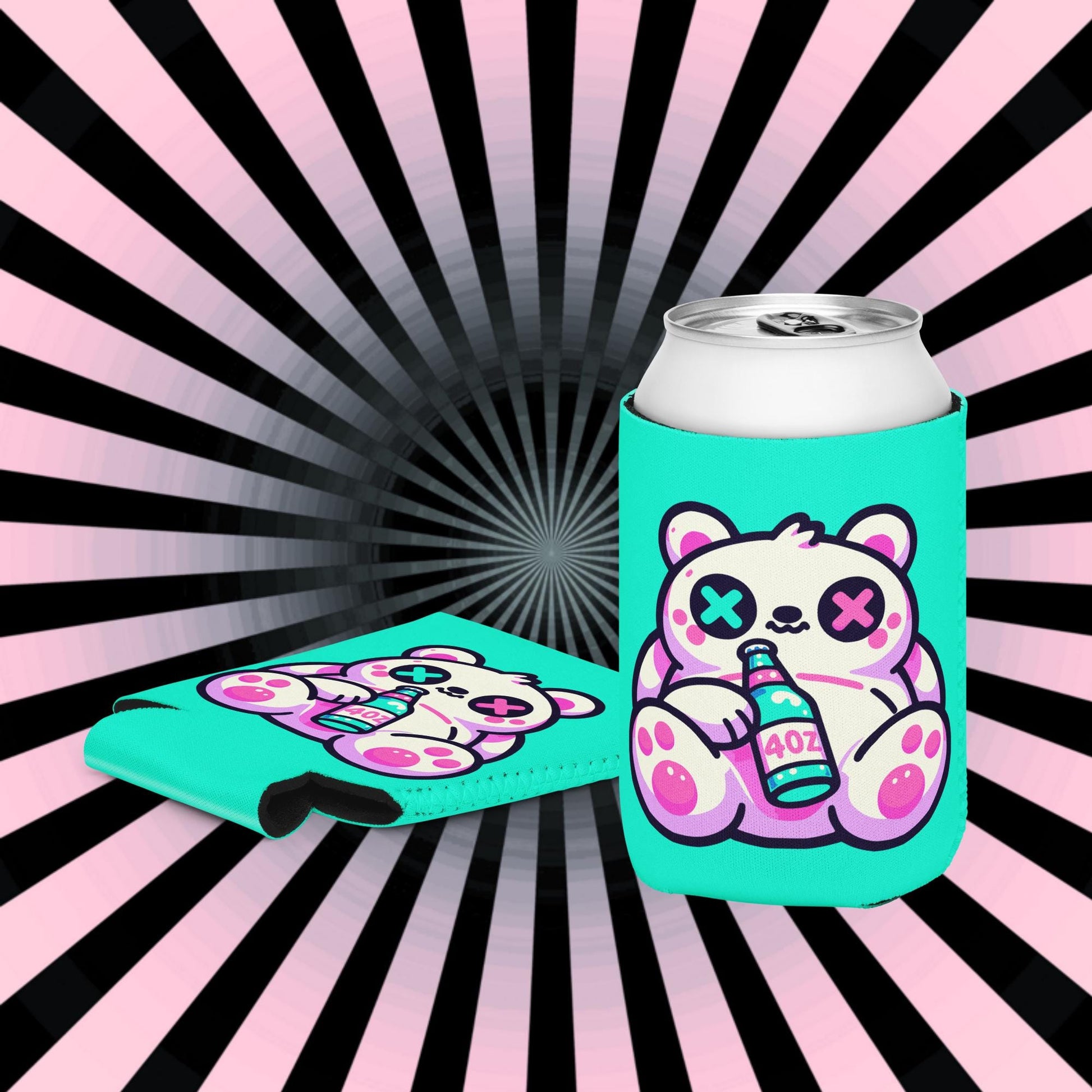 Weirdcore Fuzzy & Faded Bear Neon Goth Can Cooler Cozie Weird Grunge Bear Koozie
