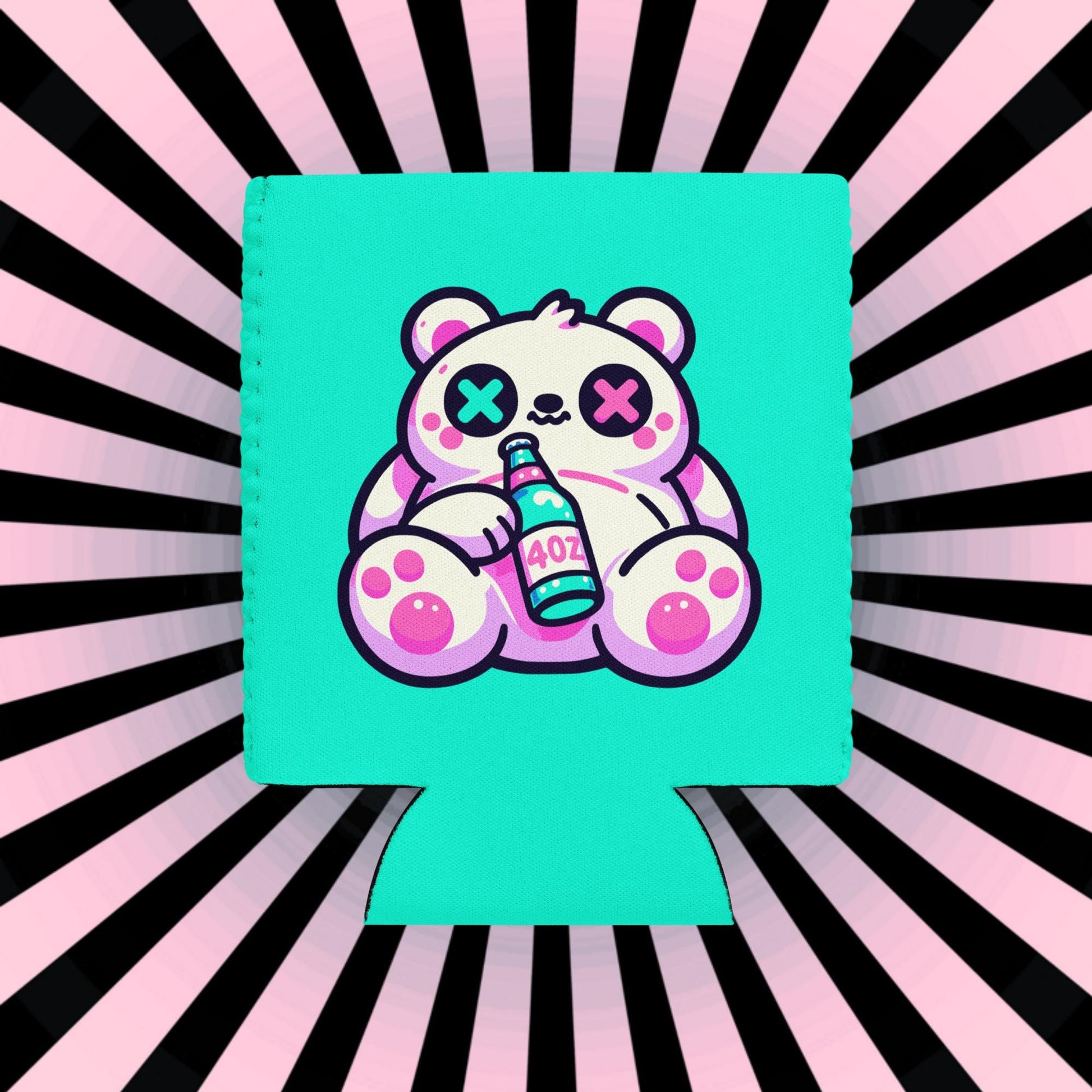 Weirdcore Fuzzy & Faded Bear Neon Goth Can Cooler Cozie Weird Grunge Bear Koozie