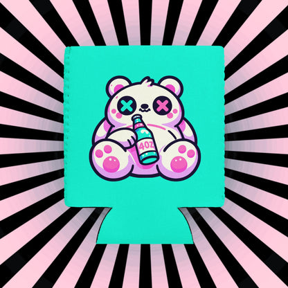 Weirdcore Fuzzy & Faded Bear Neon Goth Can Cooler Cozie Weird Grunge Bear Koozie