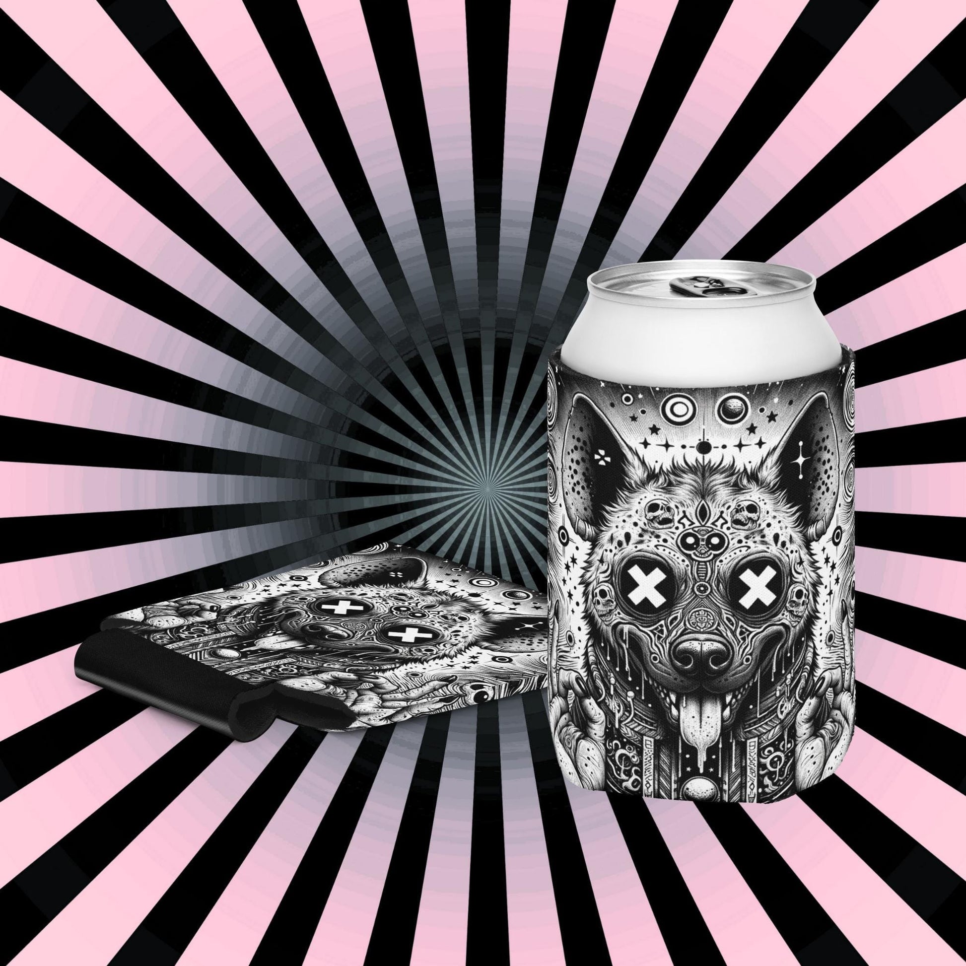 Trippy Psychedelic Gore Weirdcore Hyena Beer Holder Grunge Goth Spotted Hyena Coozie