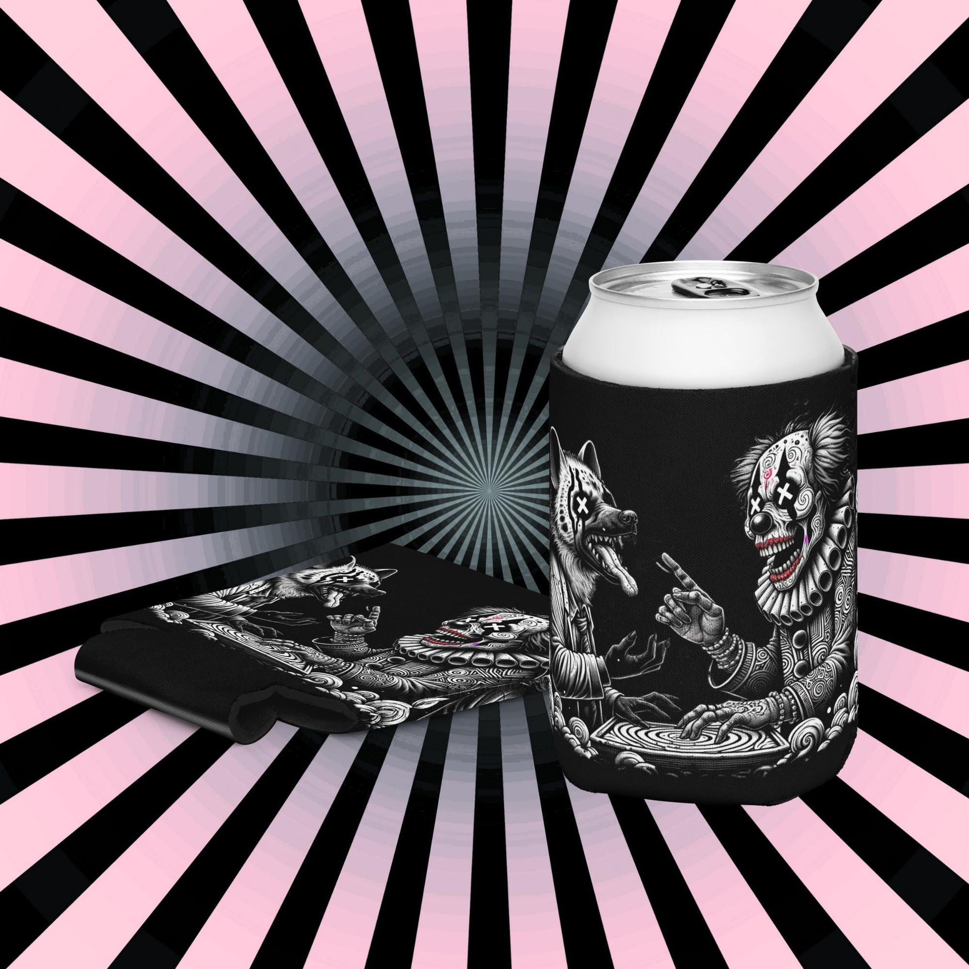Dark Clown and Hyena Weirdcore Goth Can cooler Hyena Clown Coozie Unique Beer Holder