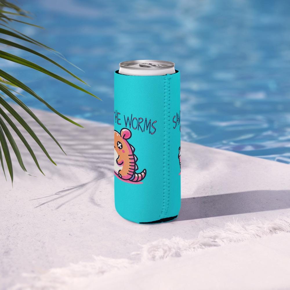 Weirdcore Kawaii Armadillo Can Cooler Beer Pastel Goth Grunge Cozie Save the Worms Beverage Koozie