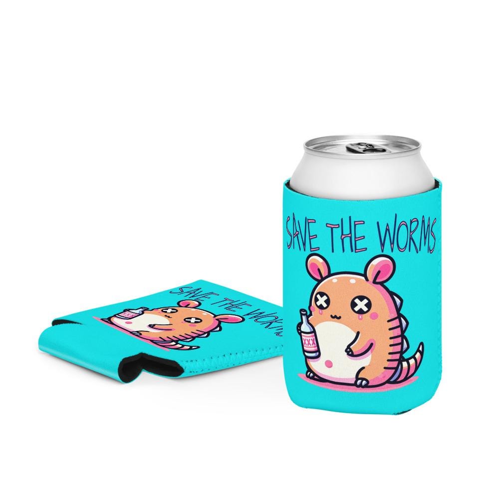 Weirdcore Kawaii Armadillo Can Cooler Beer Pastel Goth Grunge Cozie Save the Worms Beverage Koozie