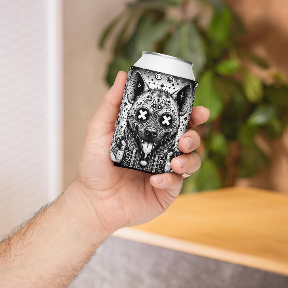 Trippy Psychedelic Gore Weirdcore Hyena Beer Holder Grunge Goth Spotted Hyena Cozie