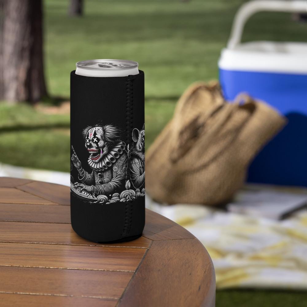 Dark Clown and Hyena Weirdcore Goth Can cooler Hyena Clown Cozie Unique Beer Holder