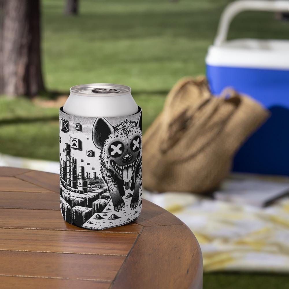 Trippy Psychedelic Gore Weirdcore Hyena Cozie Grunge Goth Spotted Hyena Pixel Art Game Beverage Holder