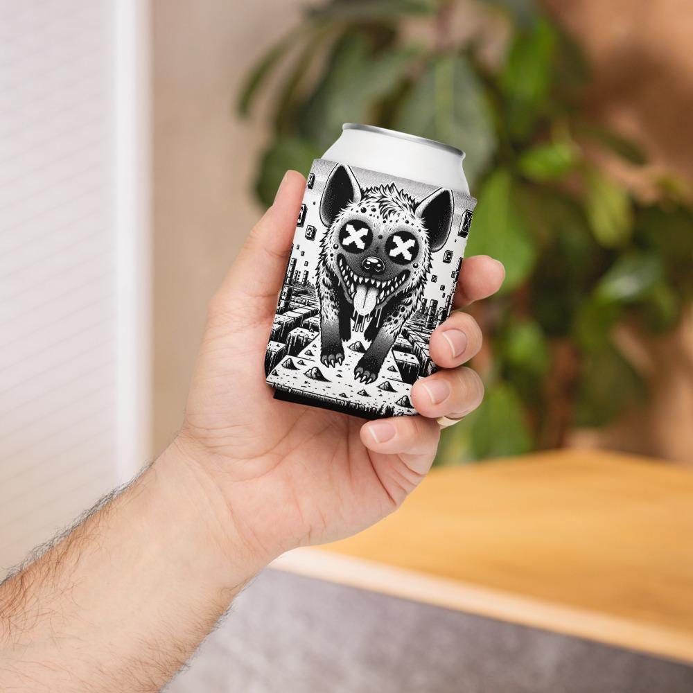 Trippy Psychedelic Gore Weirdcore Hyena Cozie Grunge Goth Spotted Hyena Pixel Art Game Beverage Holder