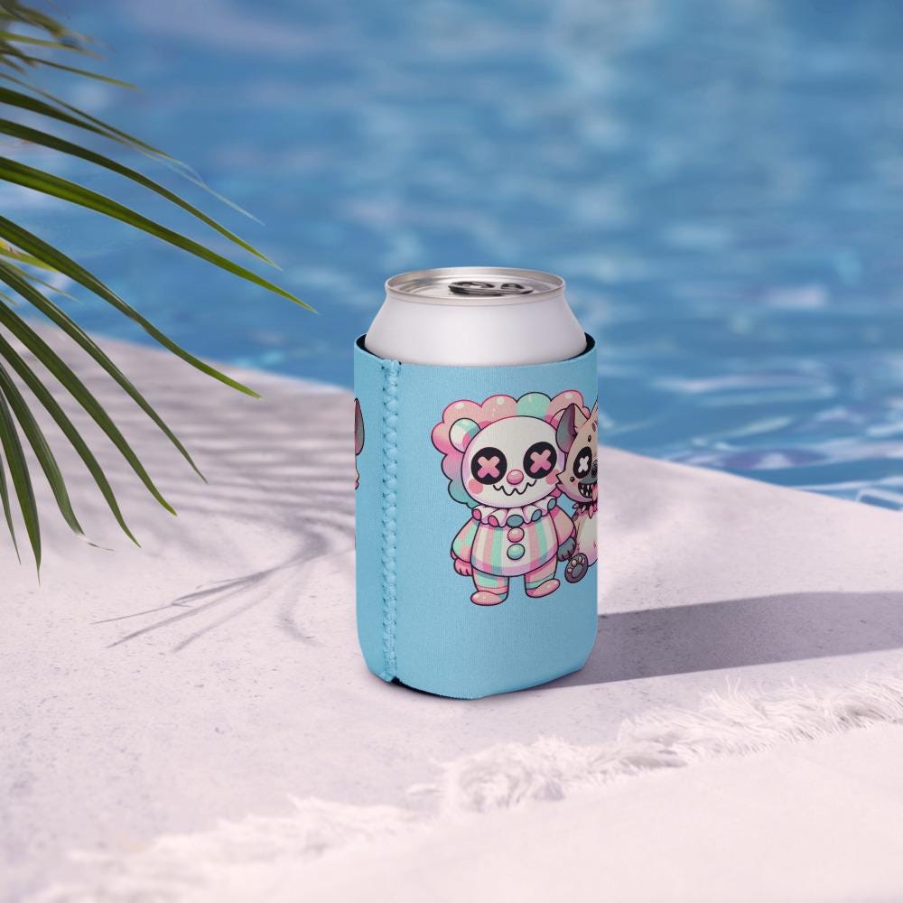 Spooky Creepy Cute Hyena Clown Pals Beer Holder Clowncore Weirdcore Friends Beverage Cozie