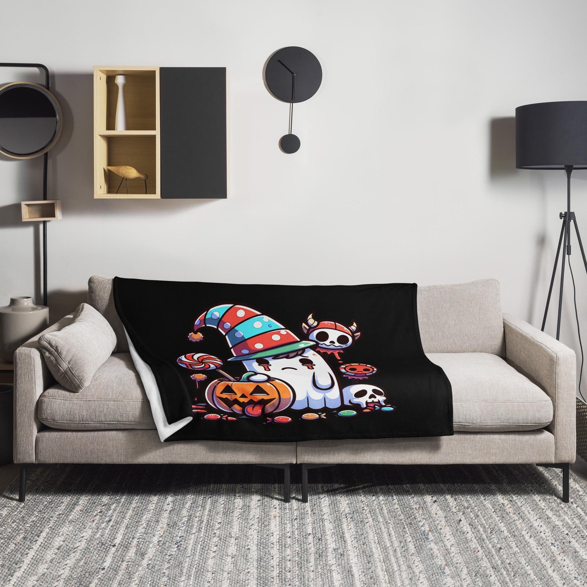 Clowncore Sad Ghost With Candy Throw Blanket Halloween Candy Grunge Room Decor
