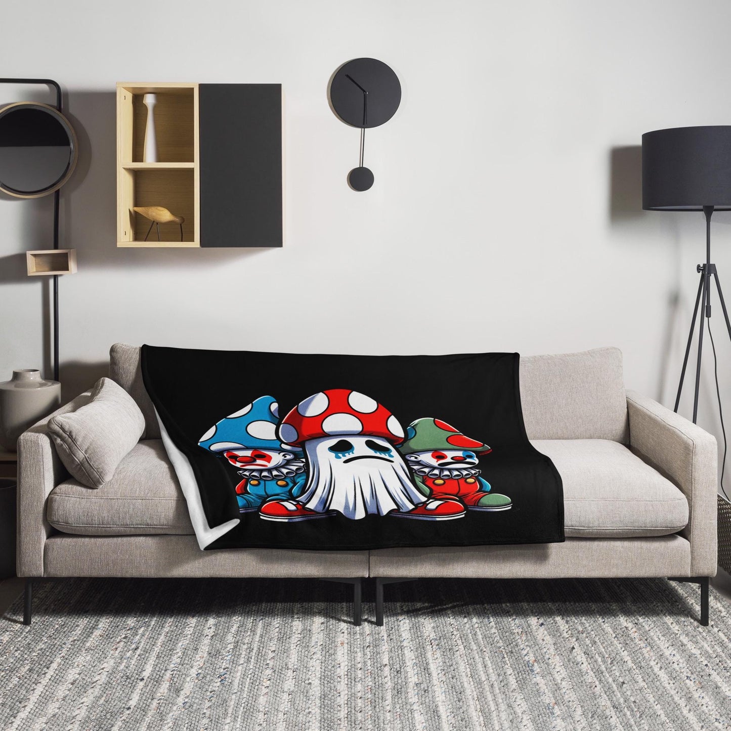 Cute Sad Ghost with Mushroom Elves Grunge Y2K Throw Blanket Spooky Gothic Weirdcore Decor