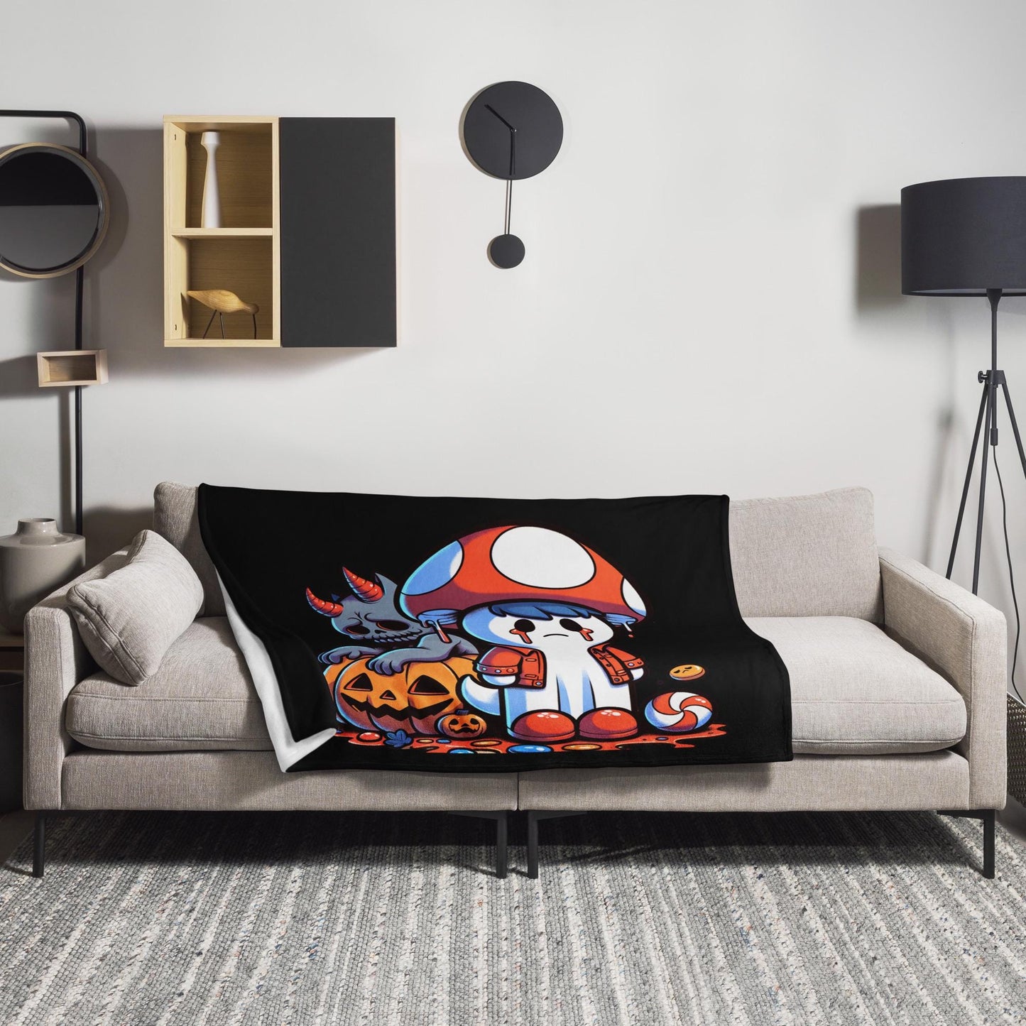 Defeated Mushroom Ghost and Demon Weirdcore Throw Blanket Y2K Grunge Halloween Room Decor