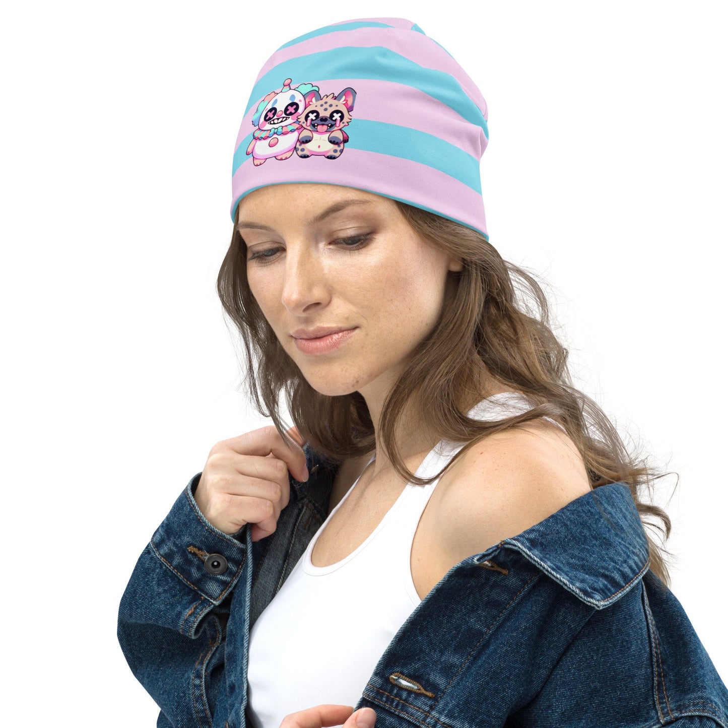 Weirdcore Pastel Goth Grunge Clown & Hyena Pals Striped Beanie, Clowncore Buddies Oddcore Beanie Hat