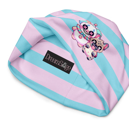 Weirdcore Pastel Goth Grunge Clown & Hyena Pals Striped Beanie, Clowncore Buddies Oddcore Beanie Hat