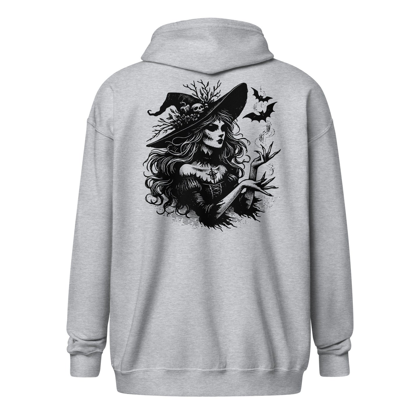 Goth Grunge Witch Playing with Bats Zip Up Hoodie Tribal Witch Front Design Hooded Jacket