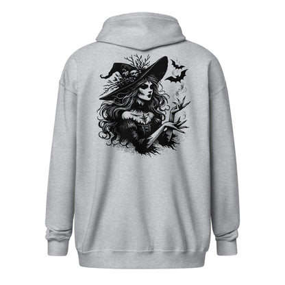 Goth Grunge Witch Playing with Bats Zip Up Hoodie Tribal Witch Front Design Hooded Jacket