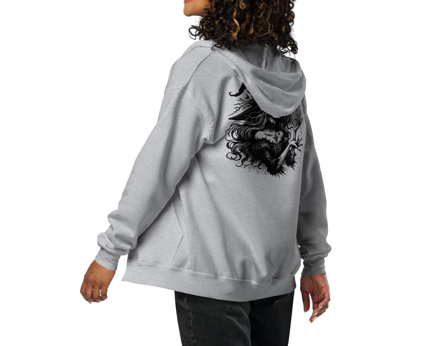 Goth Grunge Witch Playing with Bats Zip Up Hoodie Tribal Witch Front Design Hooded Jacket