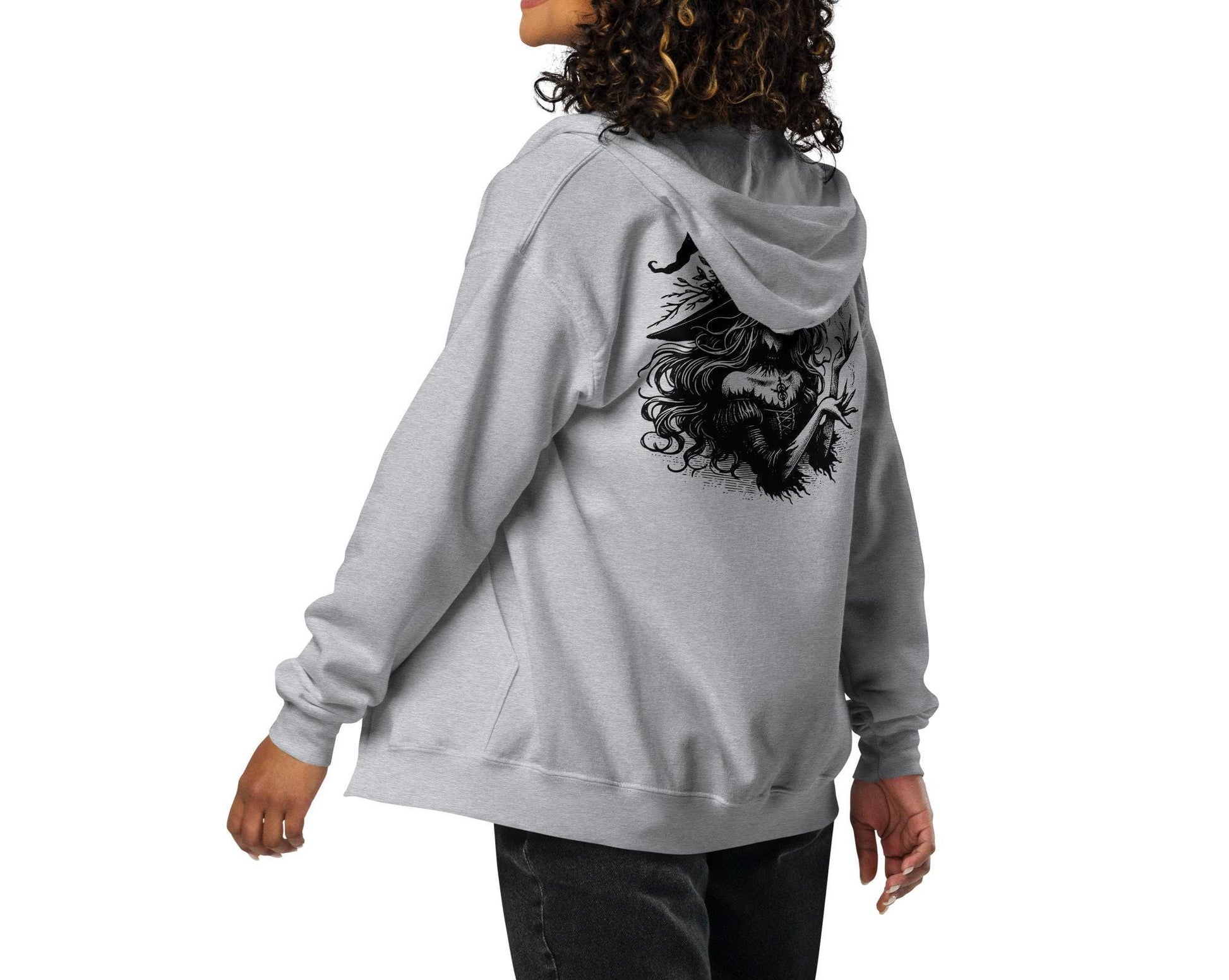 Goth Grunge Witch Playing with Bats Zip Up Hoodie Tribal Witch Front Design Hooded Jacket