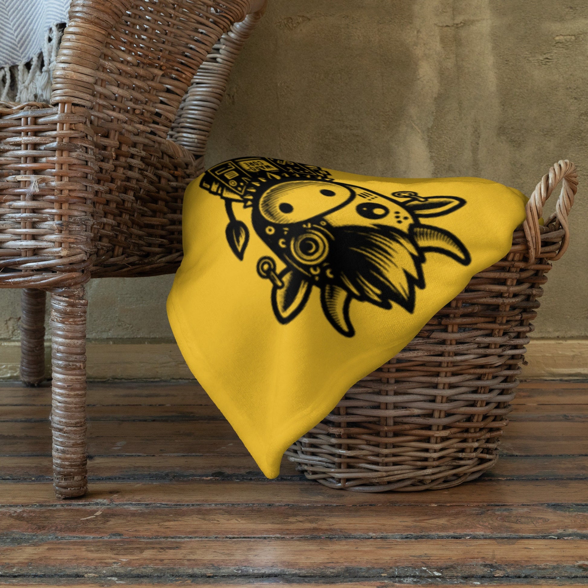 YELLOW Gothic Cyborg Farm Animals Throw Blanket Steampunk Cow, Chicken, Pig Throw Blanket Grunge Decor