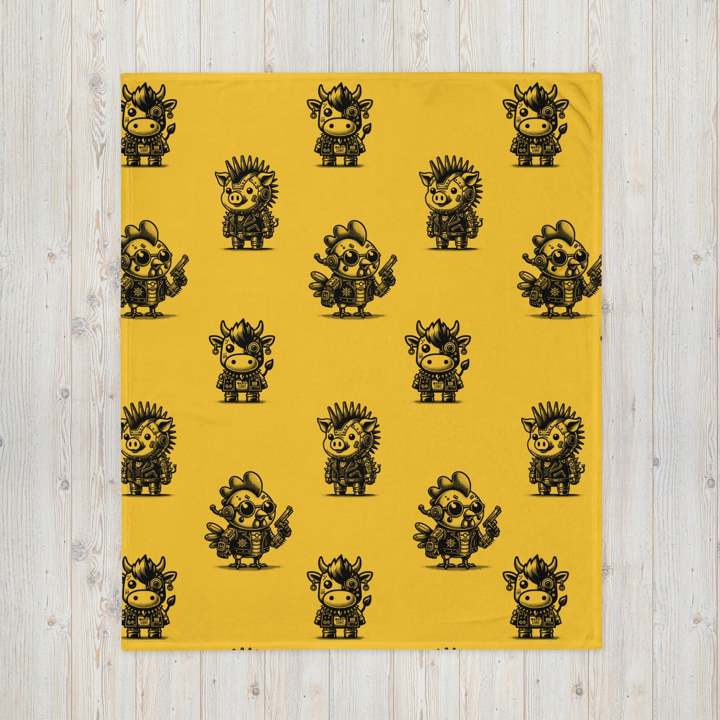YELLOW Gothic Cyborg Farm Animals Throw Blanket Steampunk Cow, Chicken, Pig Throw Blanket Grunge Decor