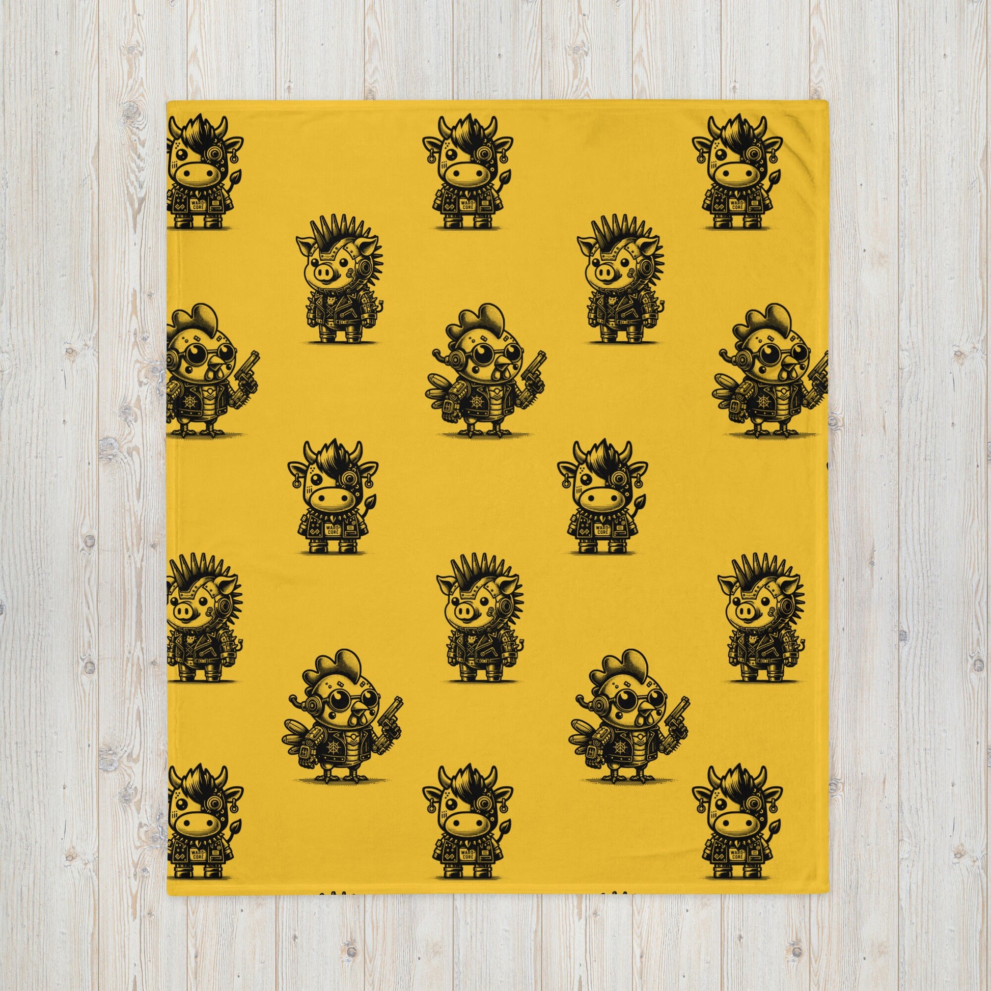 YELLOW Gothic Cyborg Farm Animals Throw Blanket Steampunk Cow, Chicken, Pig Throw Blanket Grunge Decor