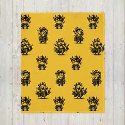YELLOW Gothic Cyborg Farm Animals Throw Blanket Steampunk Cow, Chicken, Pig Throw Blanket Grunge Decor