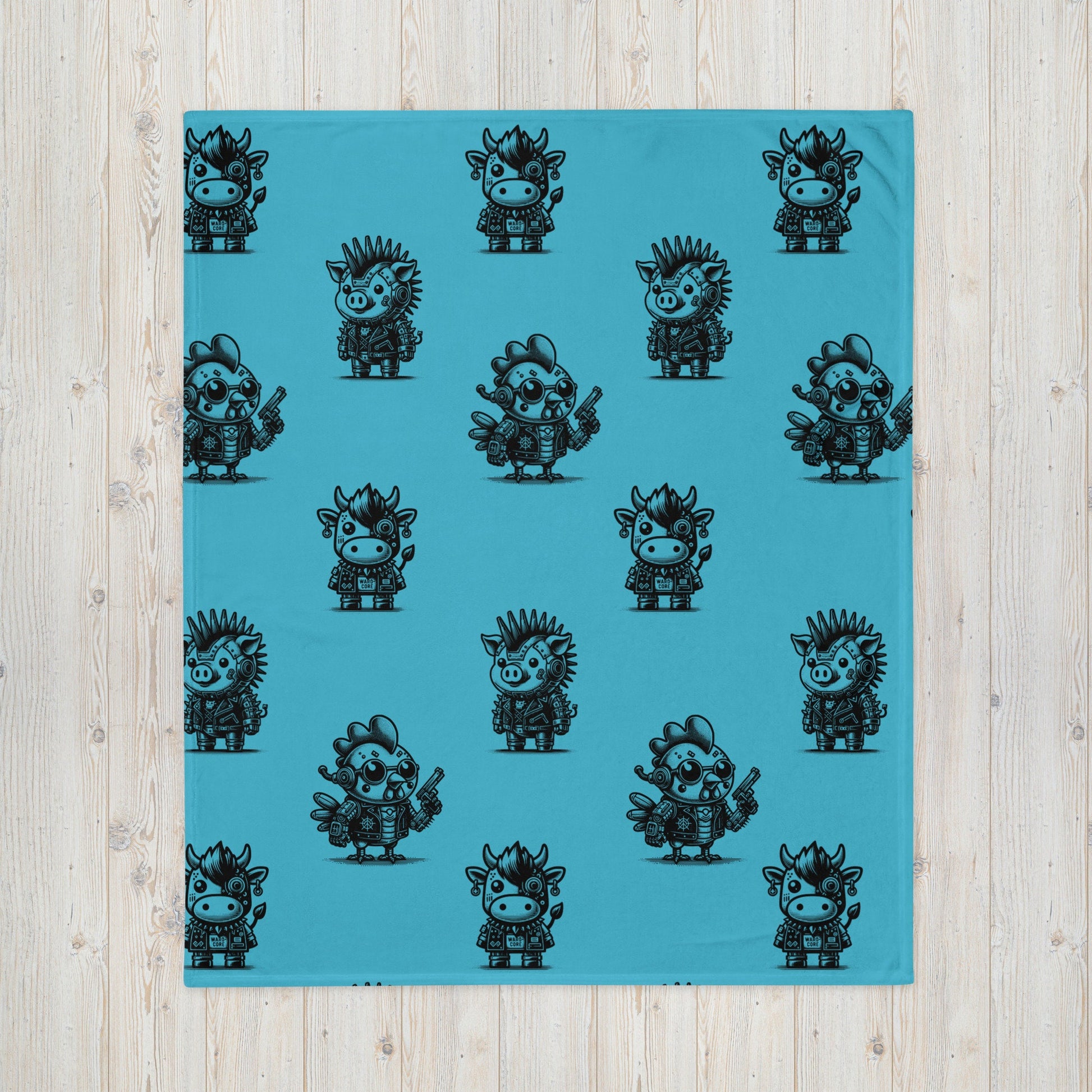 AQUA BLUE Gothic Cyborg Farm Animals Throw Blanket Steampunk Cow, Chicken, Pig Throw Blanket Grunge Decor