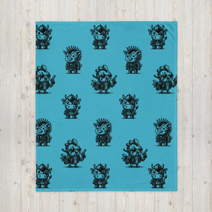 AQUA BLUE Gothic Cyborg Farm Animals Throw Blanket Steampunk Cow, Chicken, Pig Throw Blanket Grunge Decor