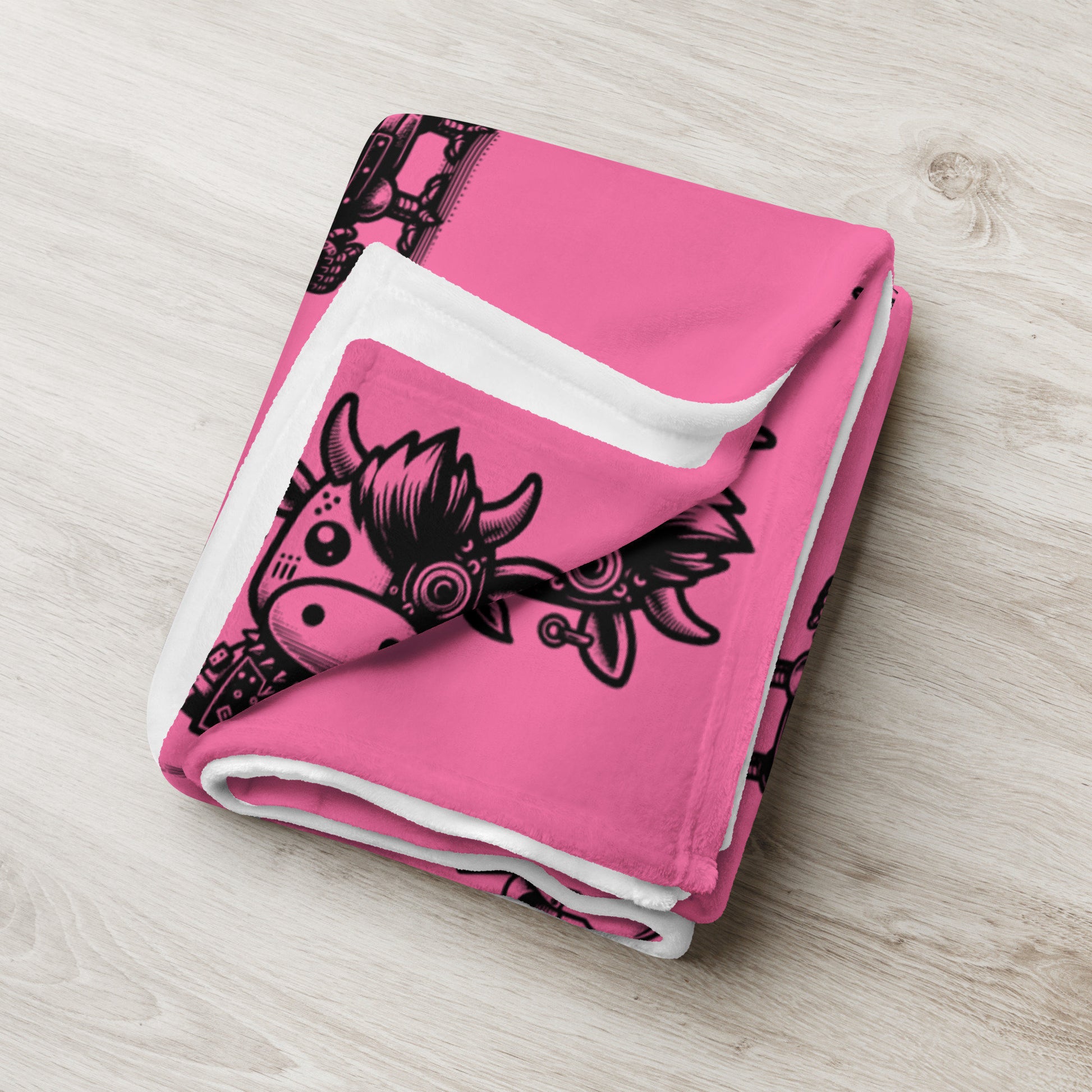 PINK Gothic Cyborg Farm Animals Throw Blanket Steampunk Cow, Chicken, Pig Throw Blanket Grunge Decor