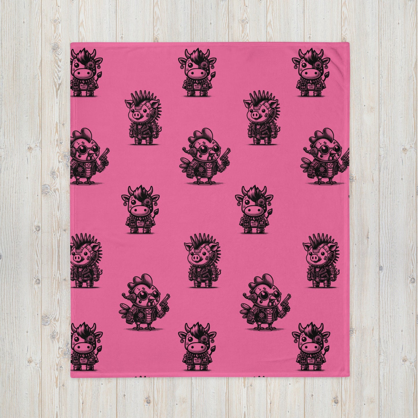PINK Gothic Cyborg Farm Animals Throw Blanket Steampunk Cow, Chicken, Pig Throw Blanket Grunge Decor
