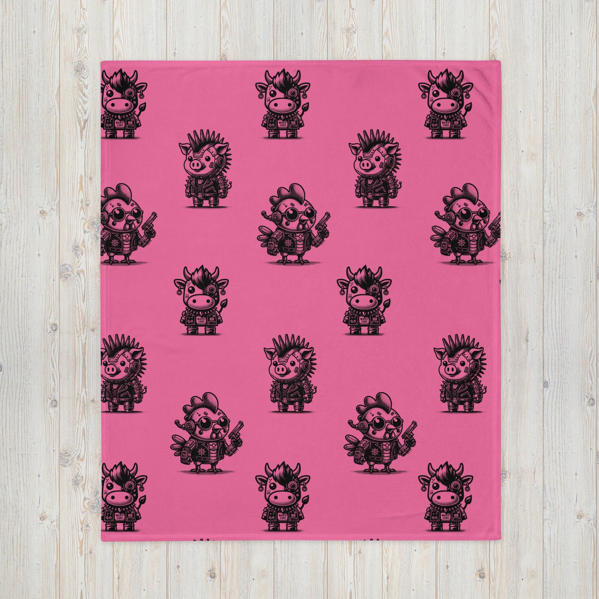 PINK Gothic Cyborg Farm Animals Throw Blanket Steampunk Cow, Chicken, Pig Throw Blanket Grunge Decor