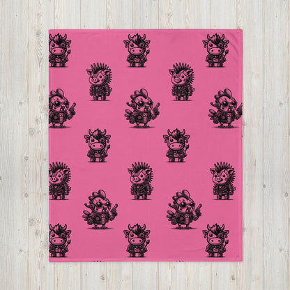 PINK Gothic Cyborg Farm Animals Throw Blanket Steampunk Cow, Chicken, Pig Throw Blanket Grunge Decor